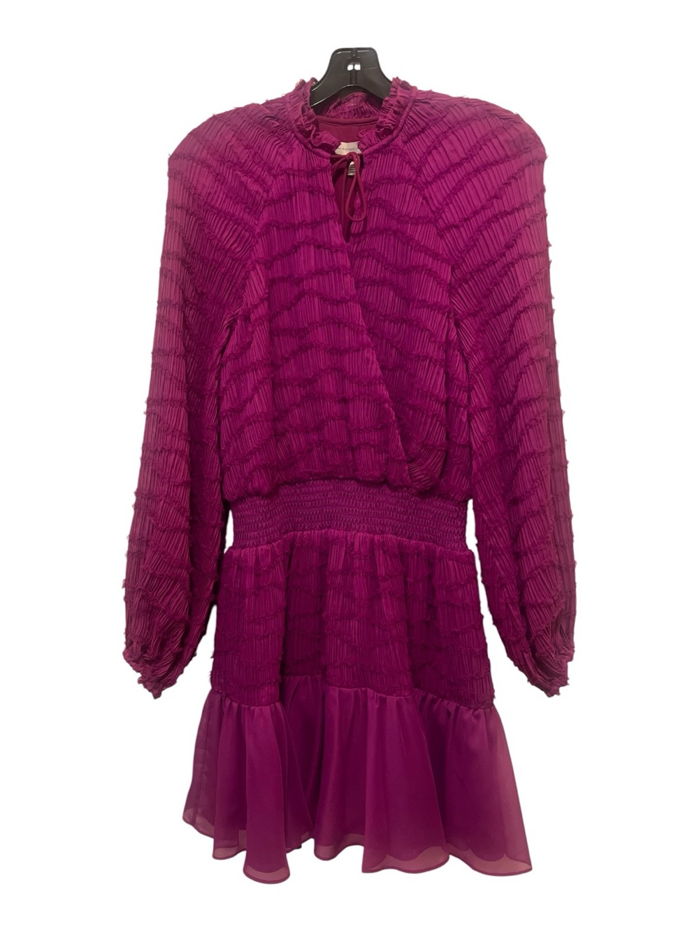 Monique Lhuillier Fuchsia Long-Sleeve Smocked Waist Ruffle Dress